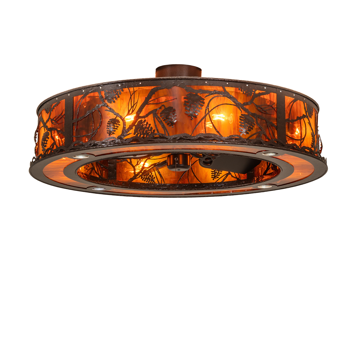 Whispering Pines chandelier fan lit with amber diffuser and pine details.
