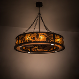 Whispering Pines Chandel-Air illuminated in warm ambient light within a rustic space.