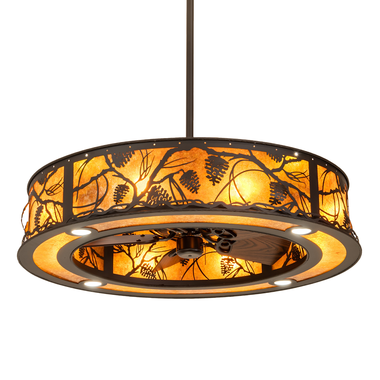Whispering Pines Chandel-Air illuminated showing pinecone pattern and warm amber glow.