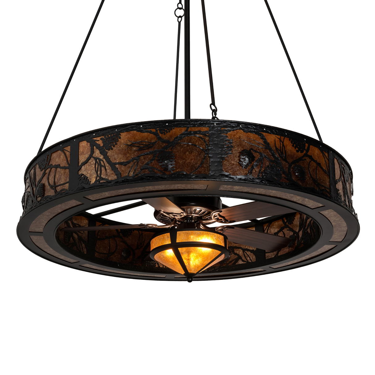 Partial light view emphasizing mica shade texture and rustic frame.