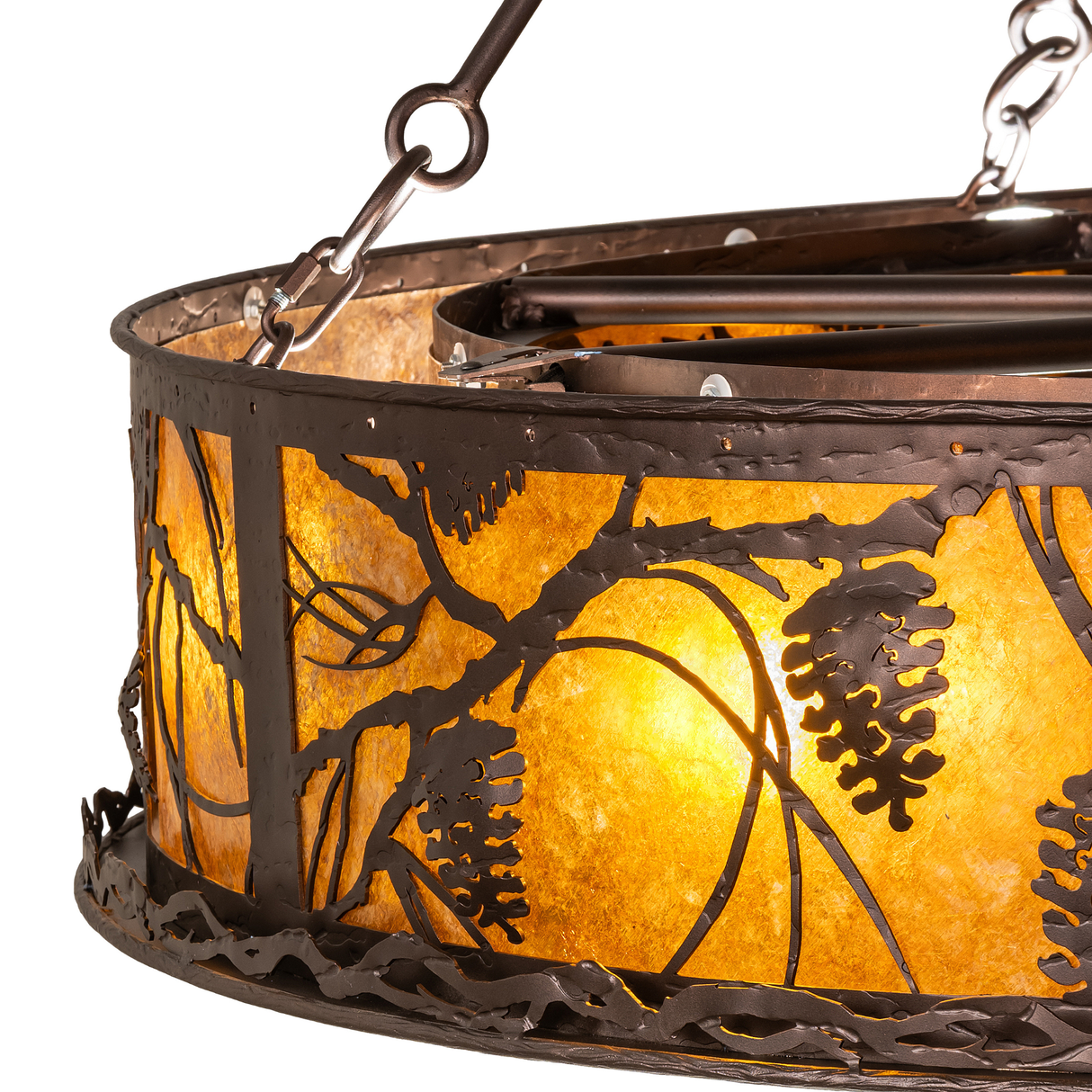 Detailed view of handcrafted pinecone and branch pattern.