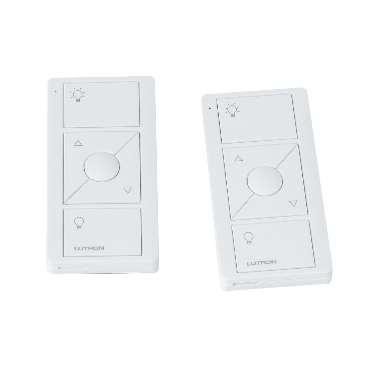 Pair of white remote controls for light and fan operation of Chandel-Air.