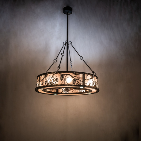 Whispering Pines Chandel-Air softly illuminating a rustic interior.