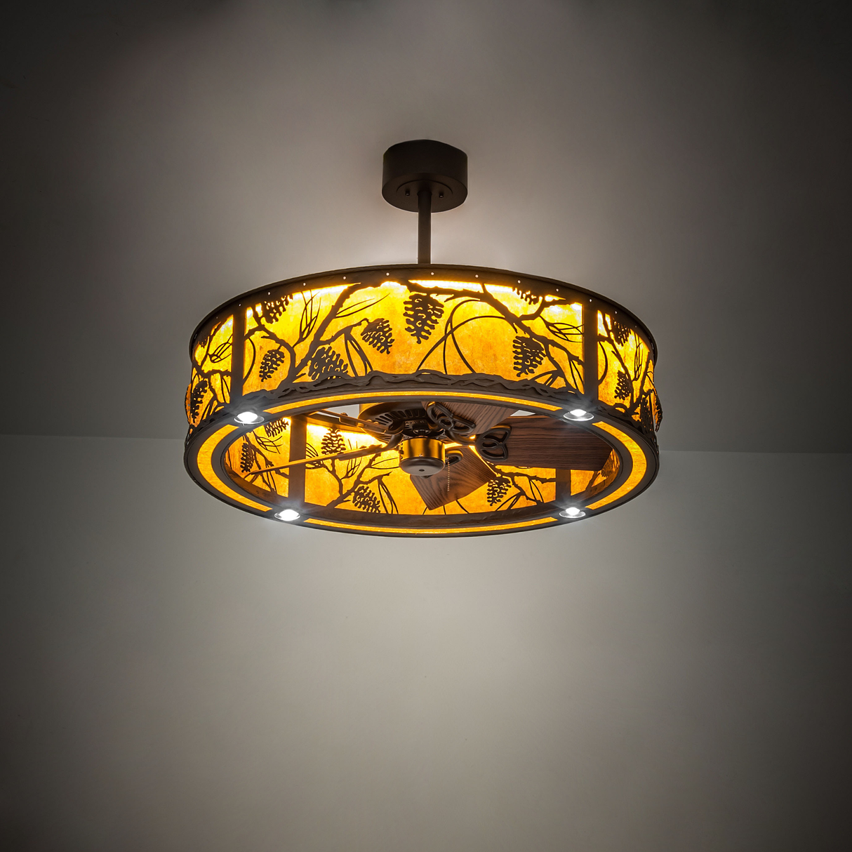 Whispering Pines Chandel-Air illuminating a rustic room with soft amber glow.