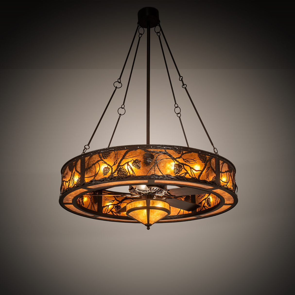 Whispering Pines Chandel-Air glowing warmly in ambient room lighting.