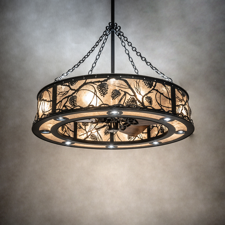 Whispering Pines Chandel-Air illuminating a rustic room with soft bronze glow.