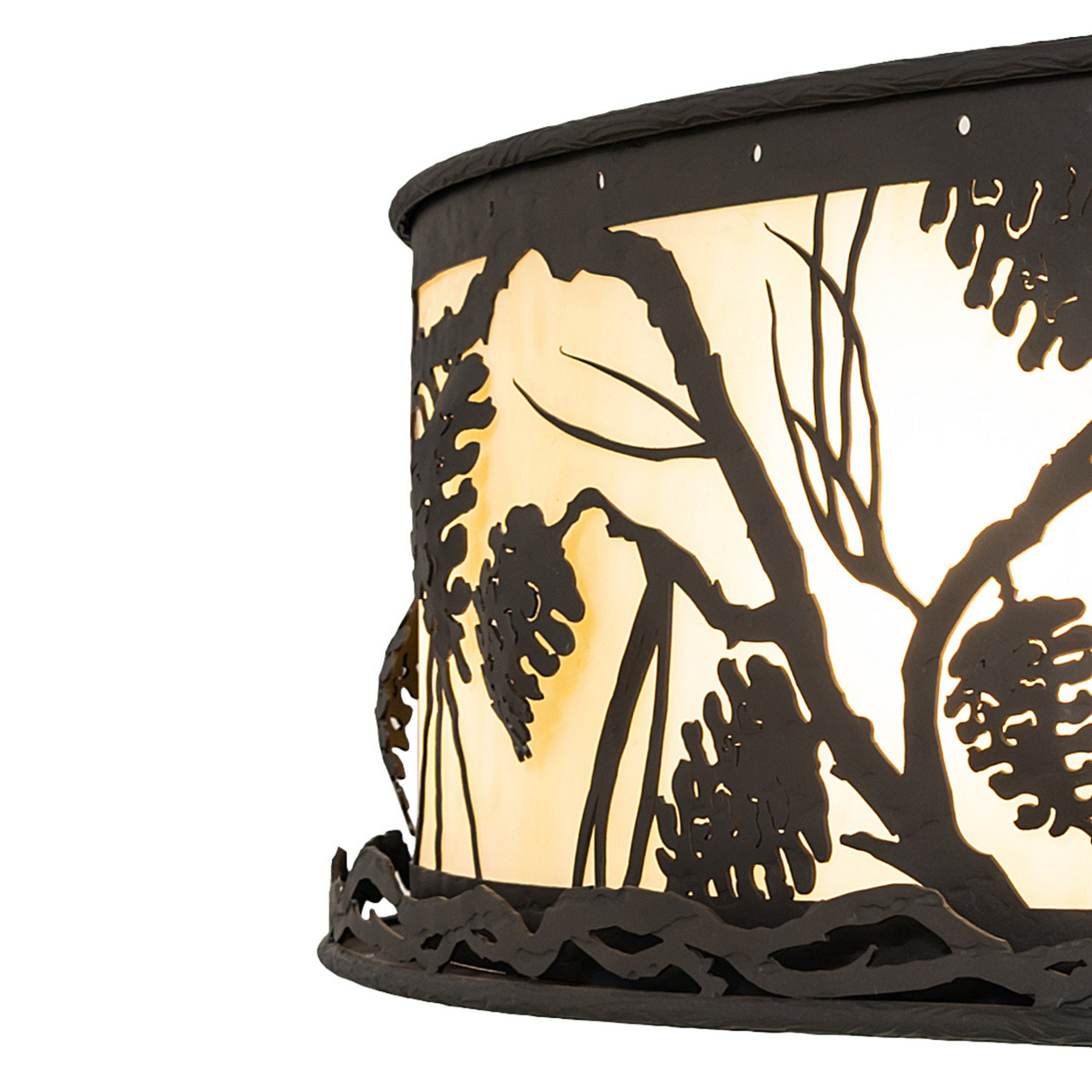 Close-up of Botticino Idalight and layered pinecone metalwork.