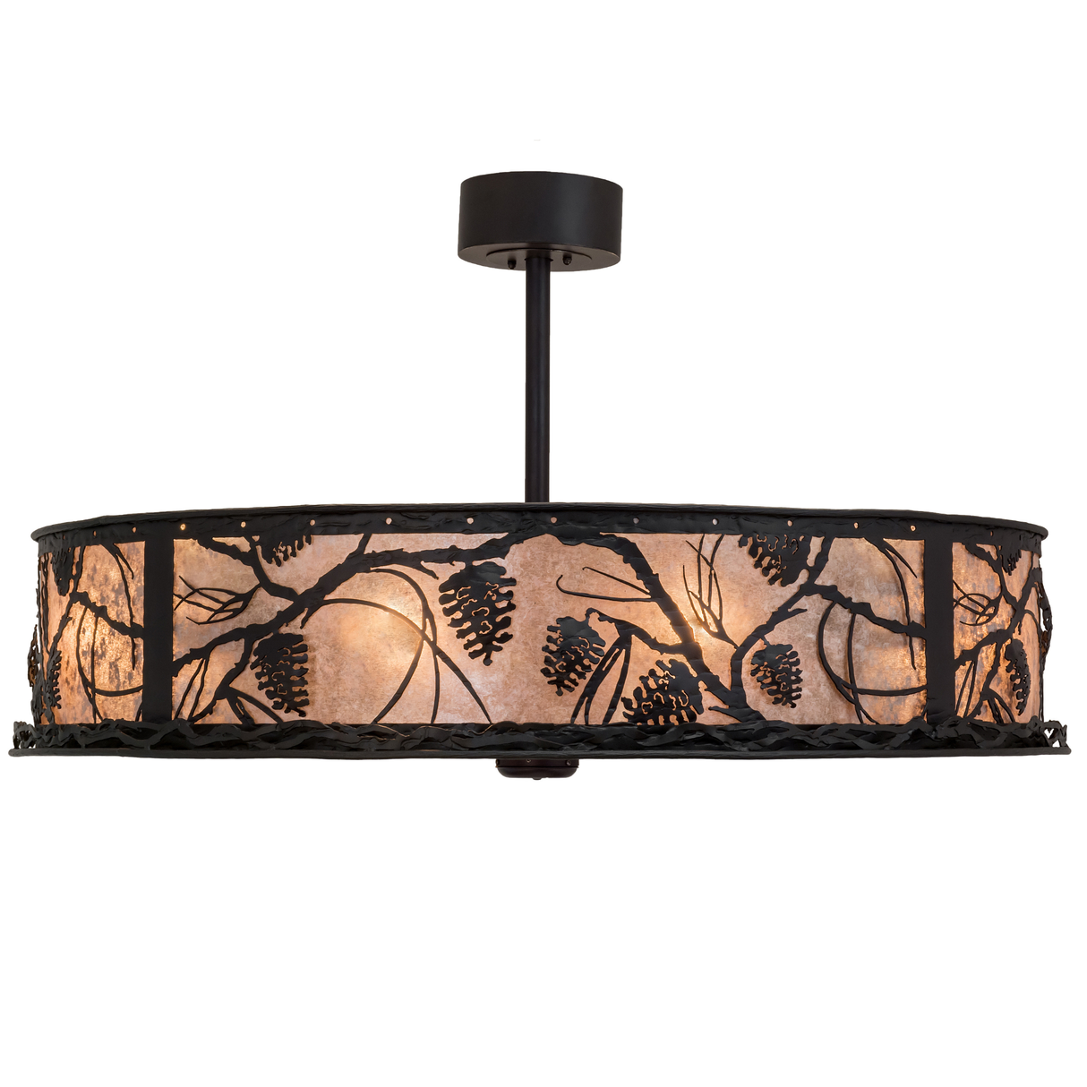 Side lit view highlighting warm mica glow and metal pinecone pattern.