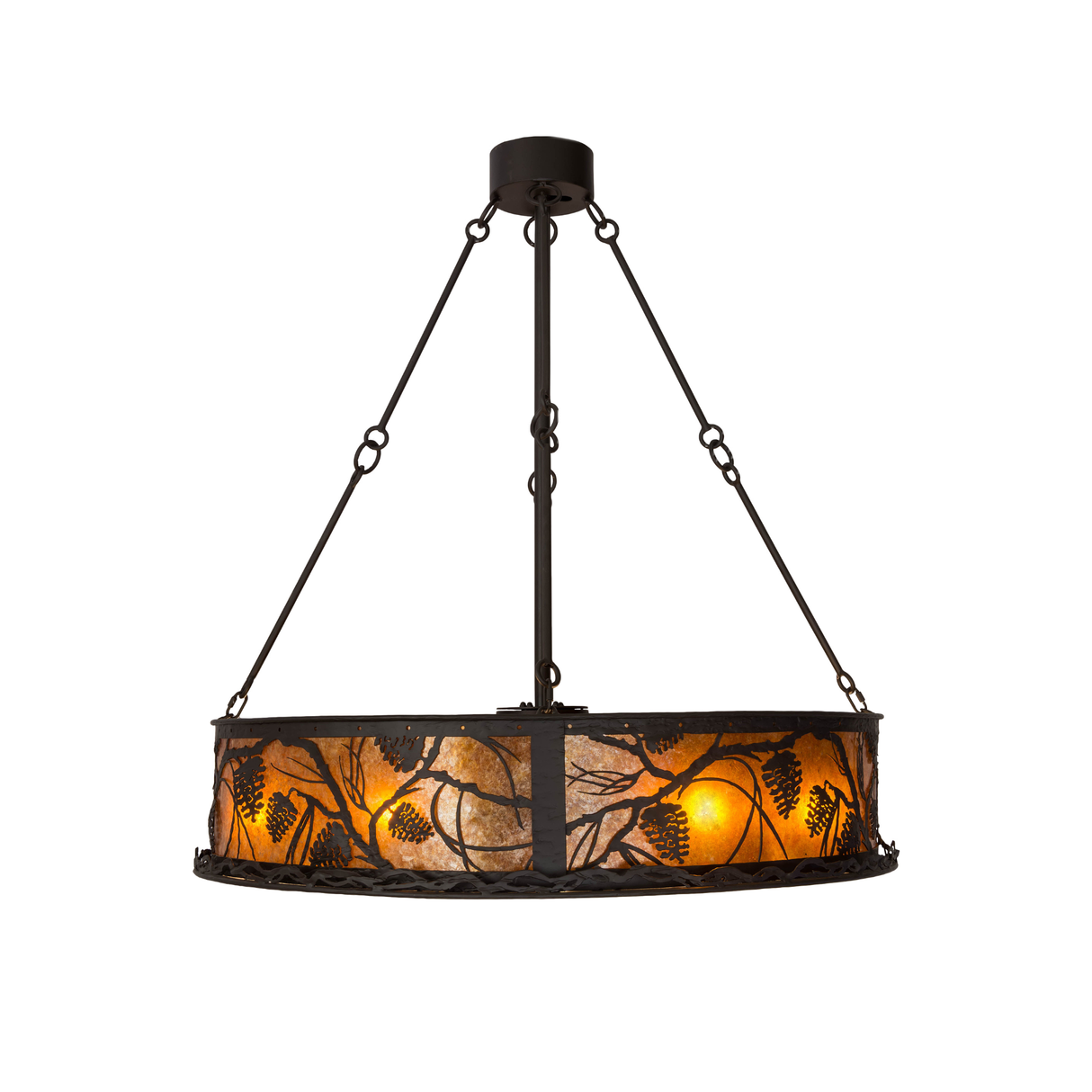 Side lit view showcasing amber mica glow and handcrafted metal frame.