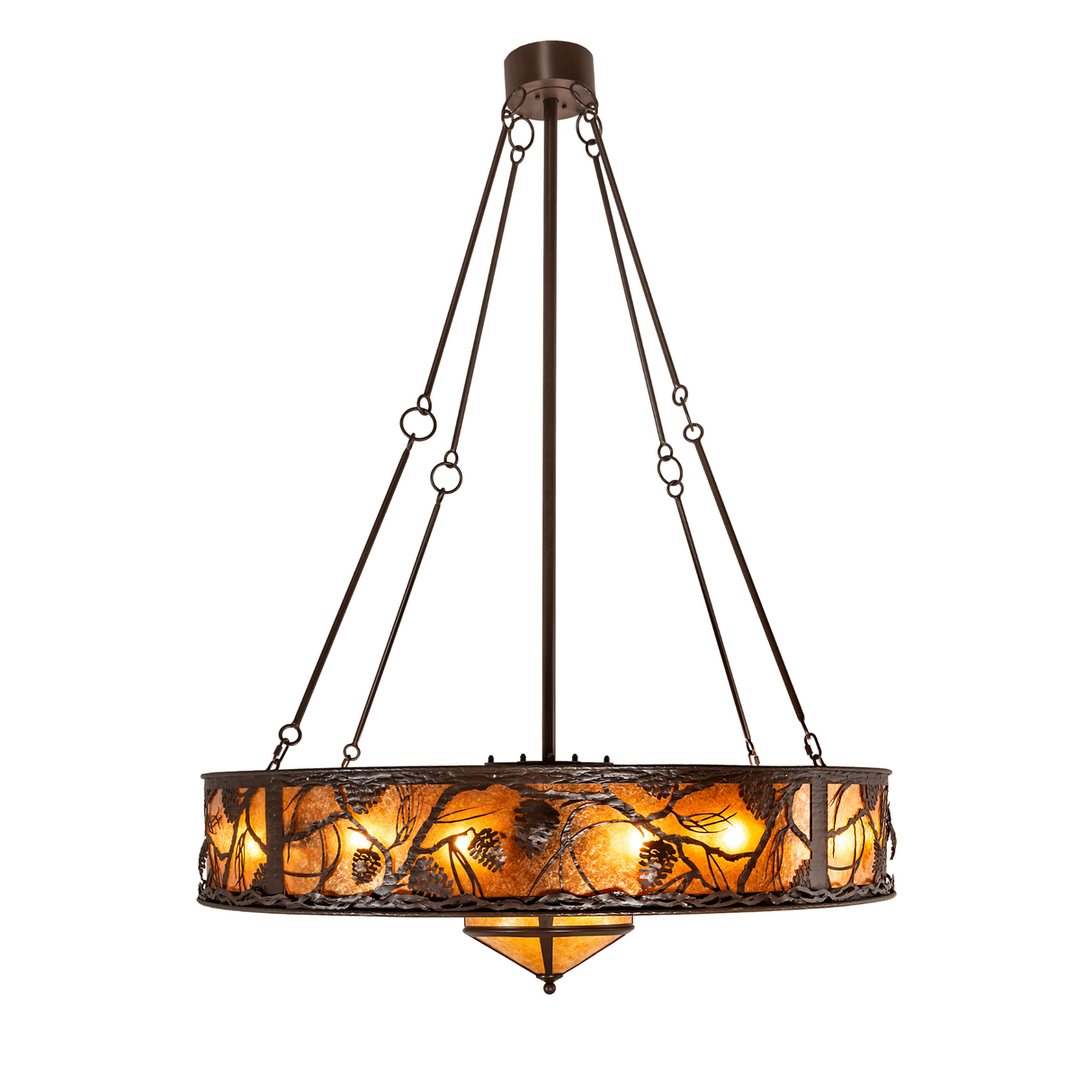 Side lit view highlighting amber glow and pinecone detailing.