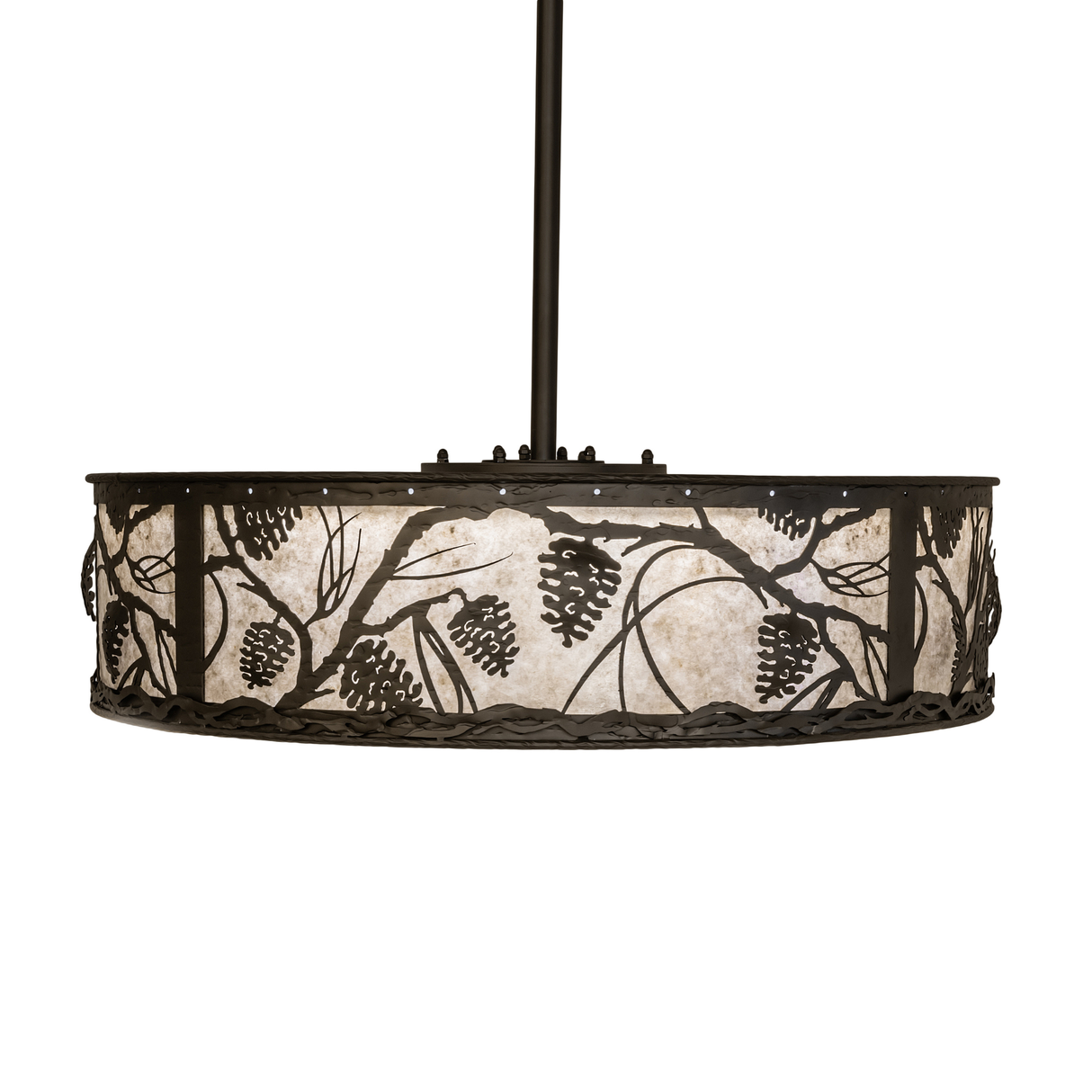 Side profile showing bronze frame and pinecone silhouettes.