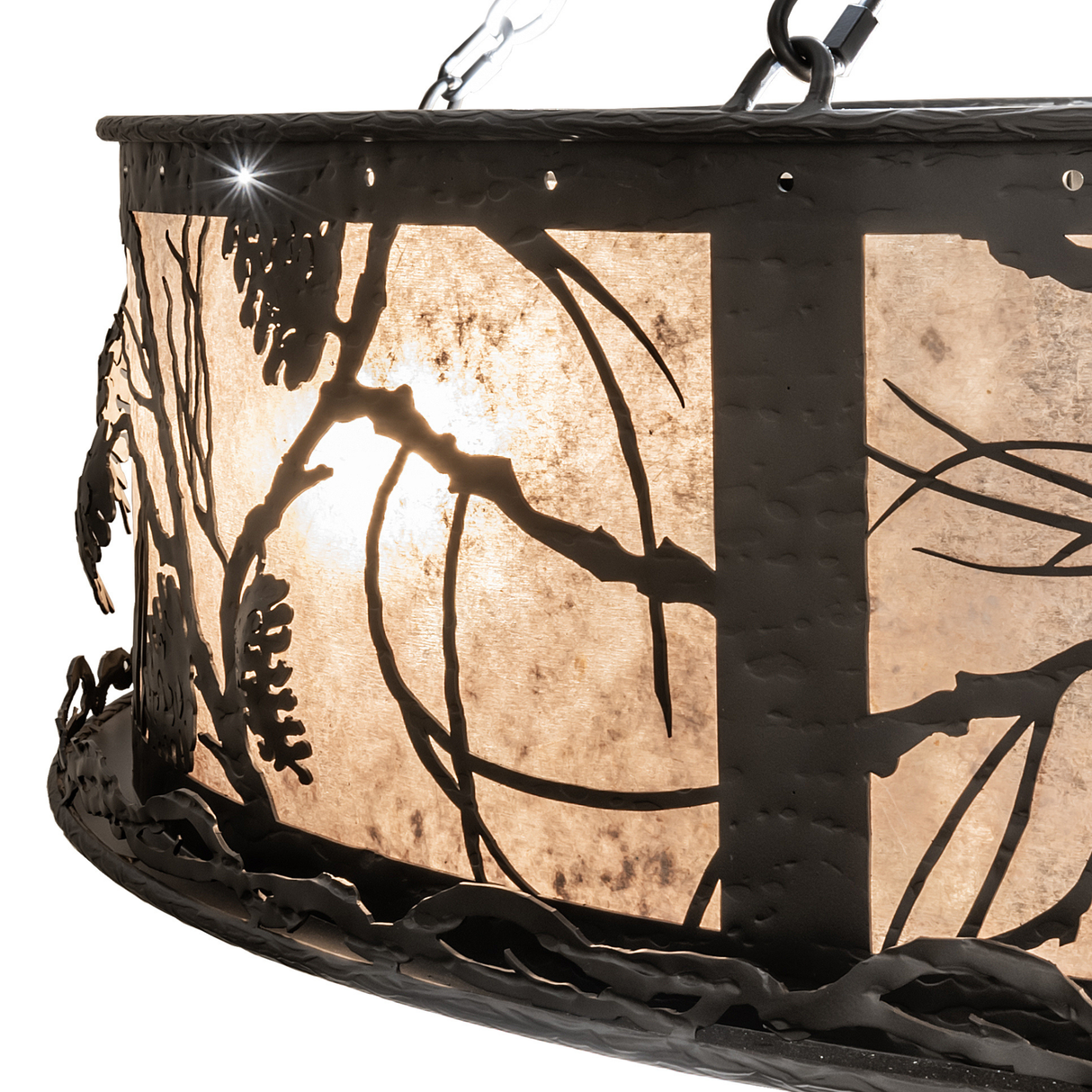 Side detail of Whispering Pines Chandel-Air with glowing mica diffuser.