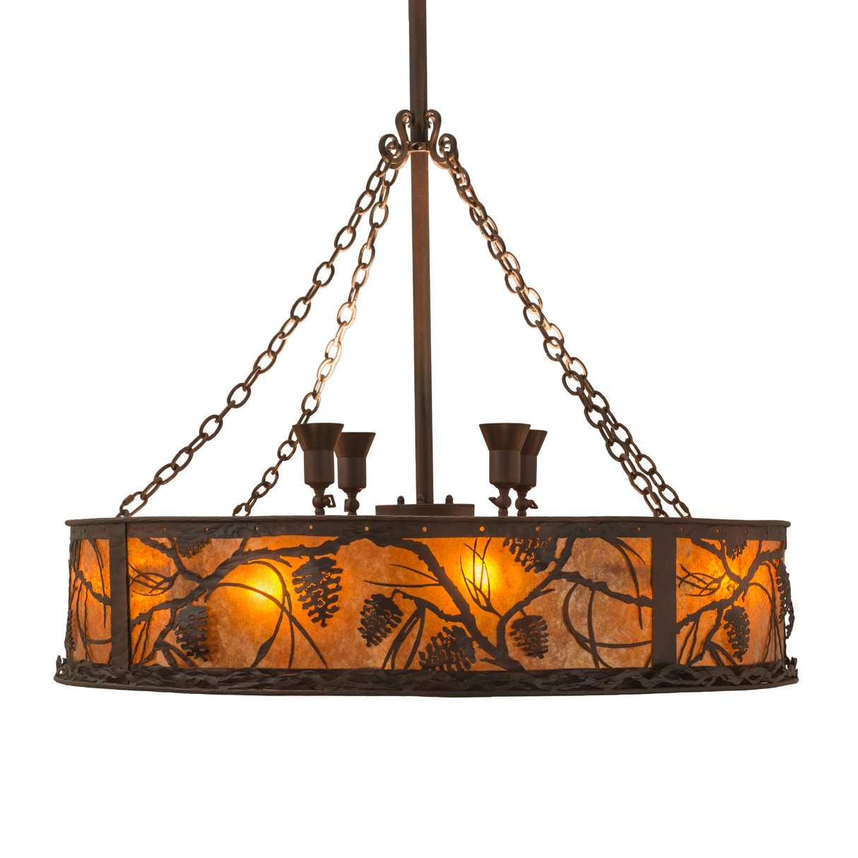 Side view of illuminated Whispering Pines Chandel-Air with warm amber glow.