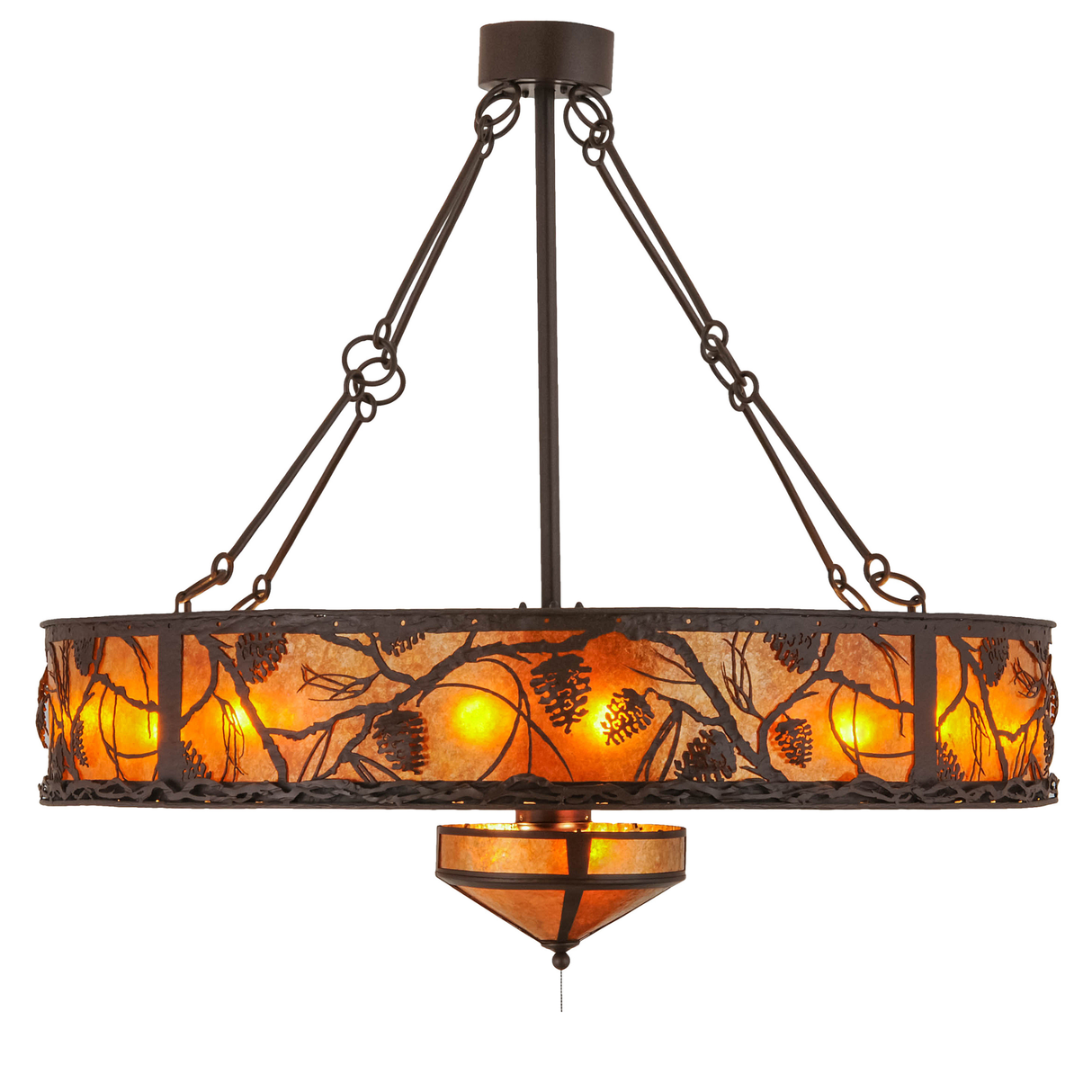 Side lit view displaying rustic detailing and diffused amber illumination.