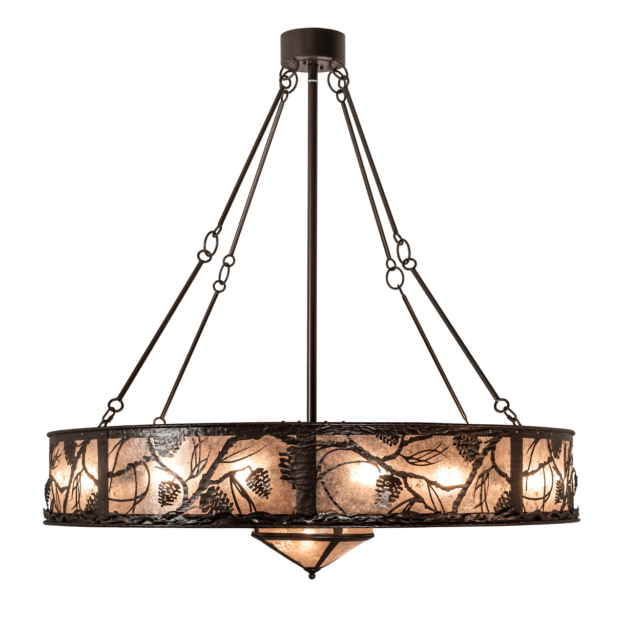 Side lit view emphasizing handcrafted mica shade and bronze framework.