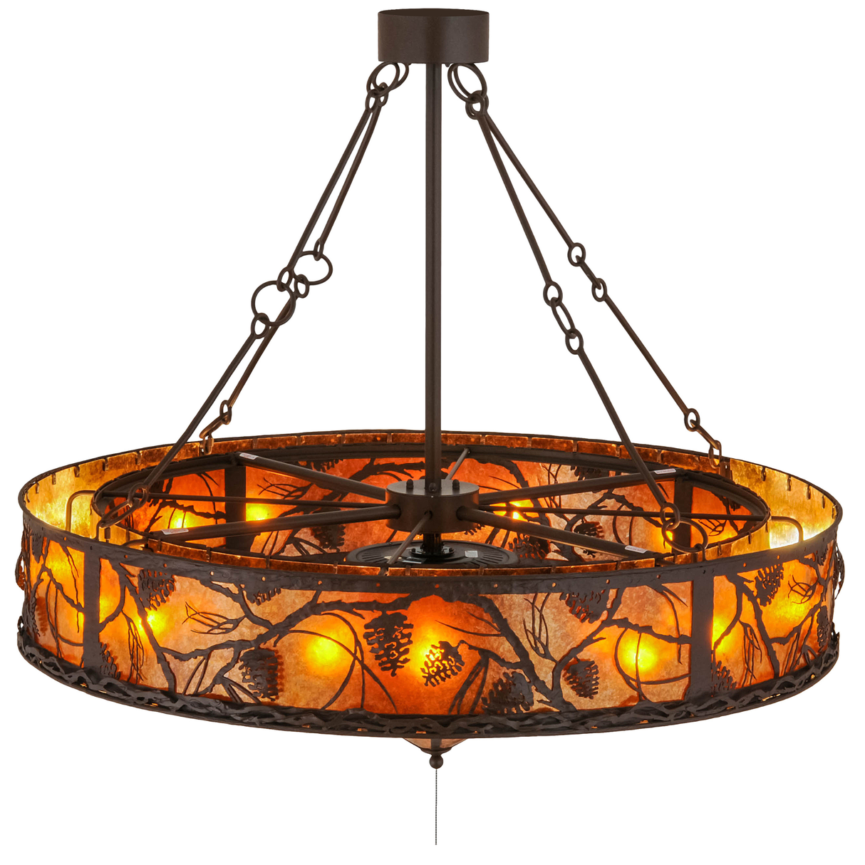 Top angle lit view showing glowing amber mica panels and pinecone pattern.