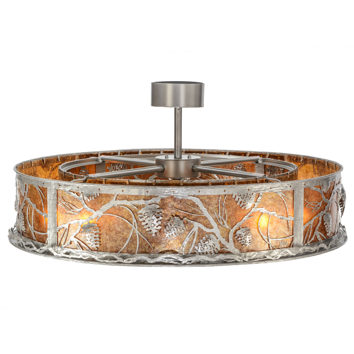 Top angle lit view revealing layered metalwork and fan mount design.
