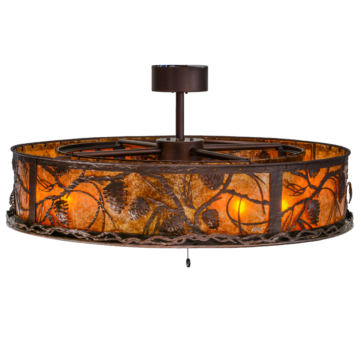 Top angle lit view highlighting inner fan and warm mica panels.