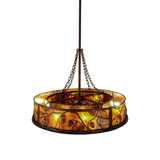 Top angled lit view showcasing glowing amber mica and intricate pine pattern.