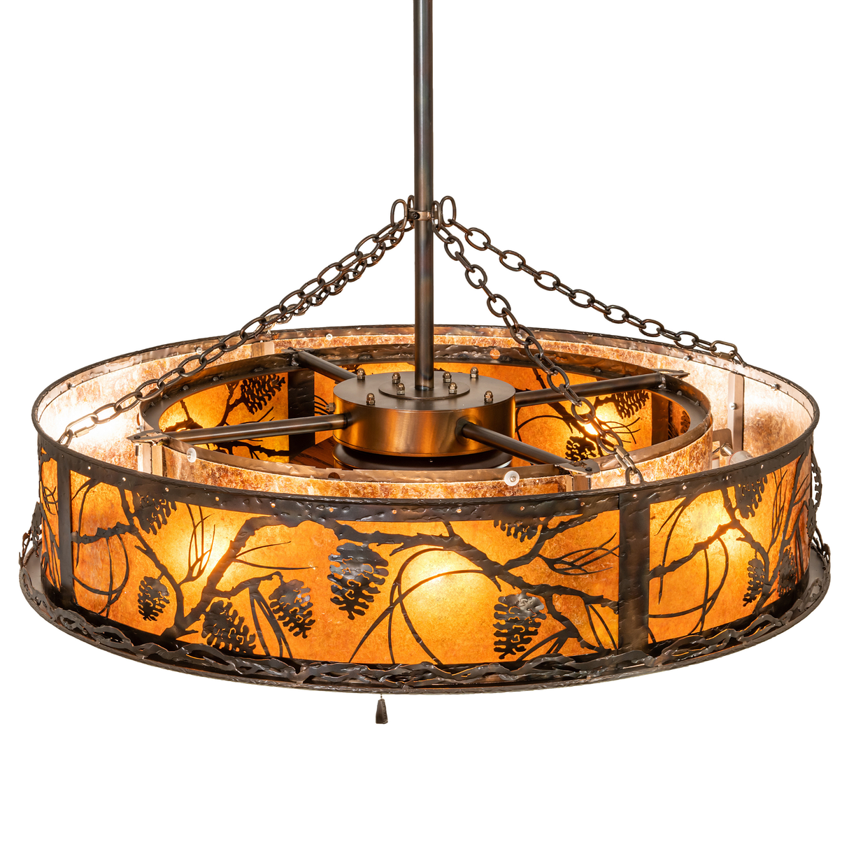 Top angled lit view revealing upper frame structure and chain suspension design.