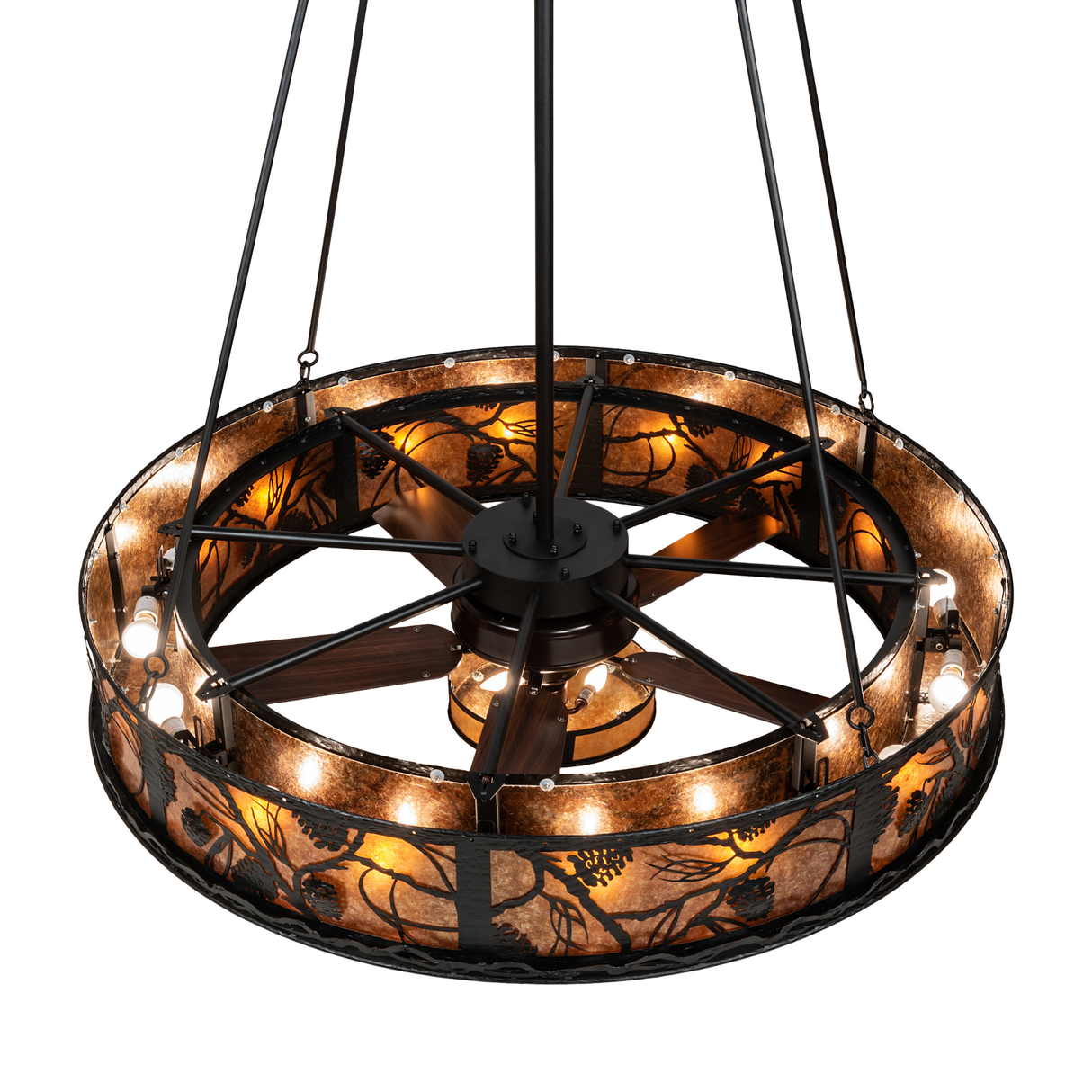 Top-down lit view showing fan hub, light bulbs, and mica diffusion.