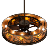 Overhead lit angle showing fan hub, support rods, and inner bulb arrangement.