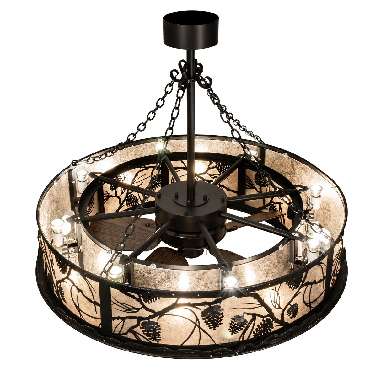 Overhead angled view showing fan hub and bulb arrangement around diffuser.