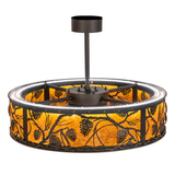 Overhead view of Whispering Pines Chandel-Air showing bronze frame and LED glow.