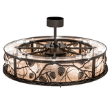 Overhead lit view showing circular metal framework and inner mica glow.