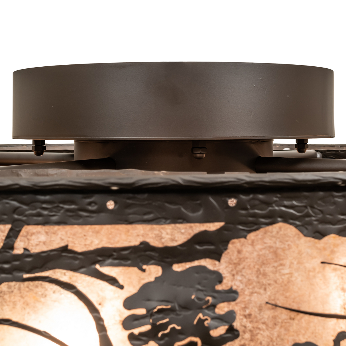 Canopy and top-mount detail with bronze finish and fasteners.