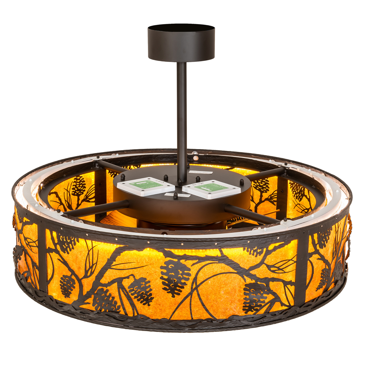 Top structure view showing mount and glowing amber mica diffuser.