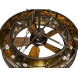 Top view showing fan housing, chain suspension, and wooden blades.