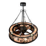 Overhead lit view highlighting wrought iron framework and mica diffuser.