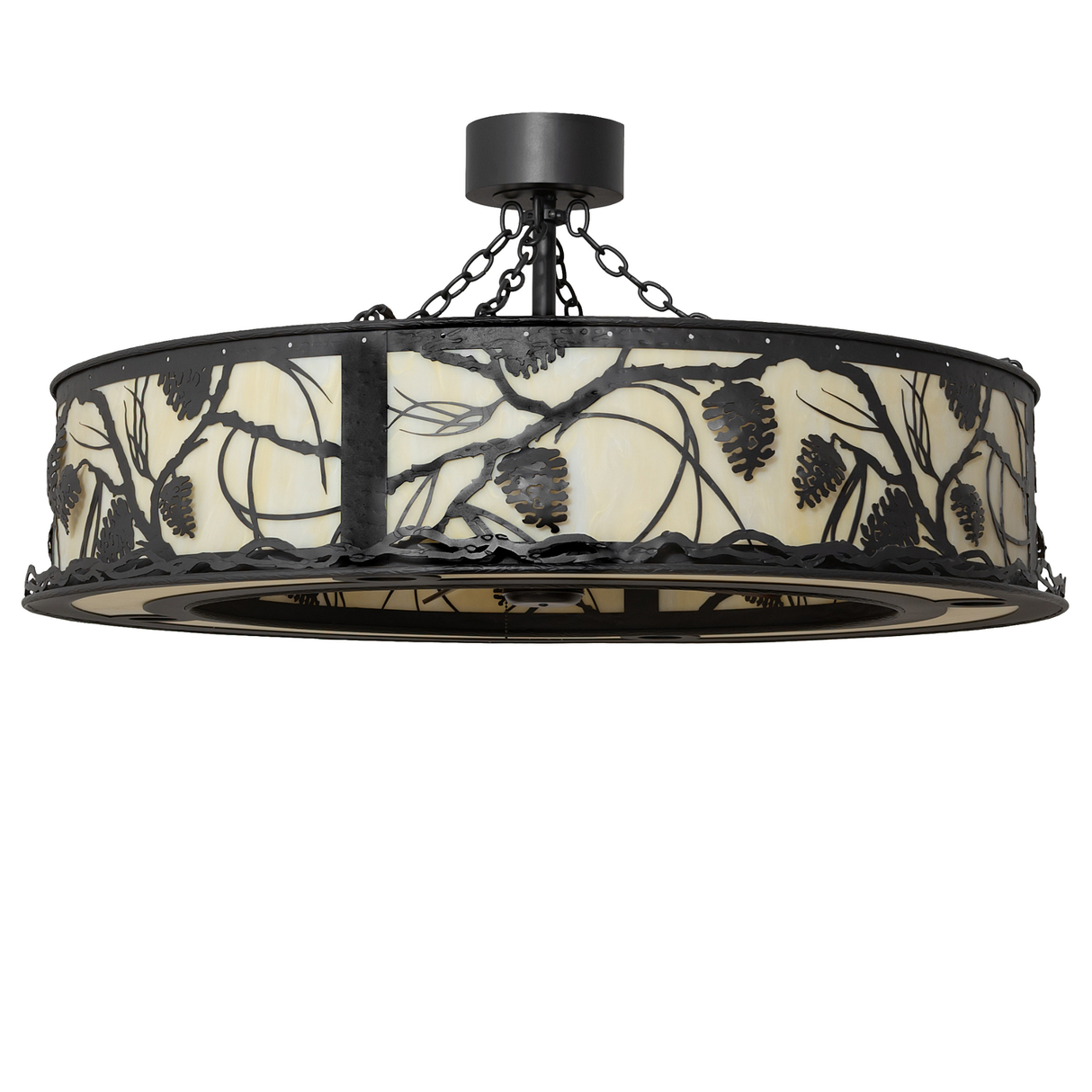 Unlit Whispering Pines Chandel-Air showing wrought iron pinecone and branch pattern.