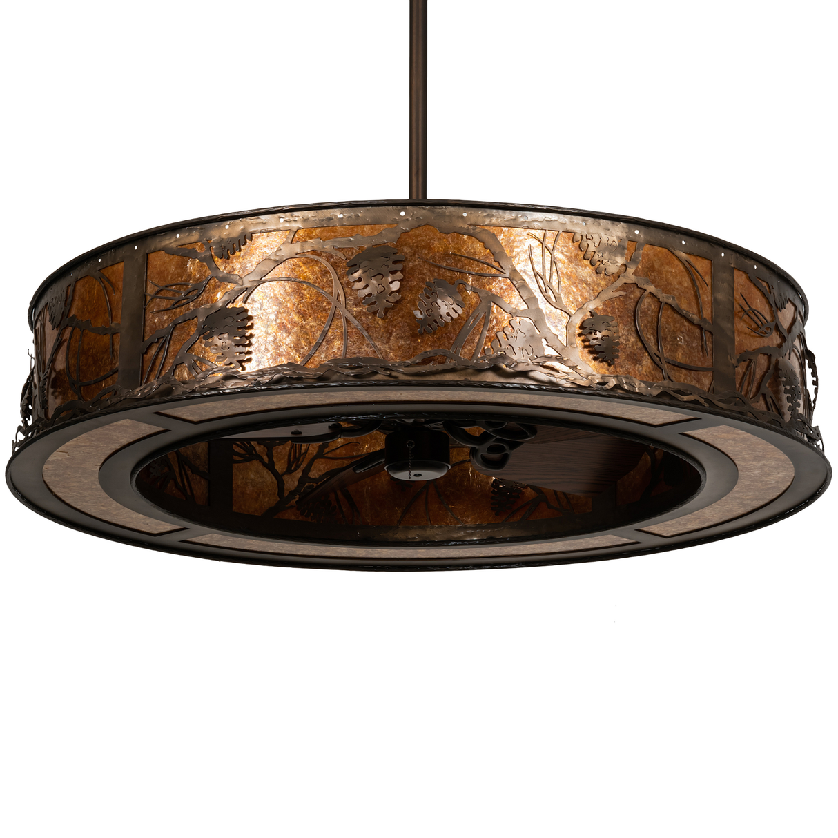 Unlit front angle showing pinecone pattern on amber mica diffuser.