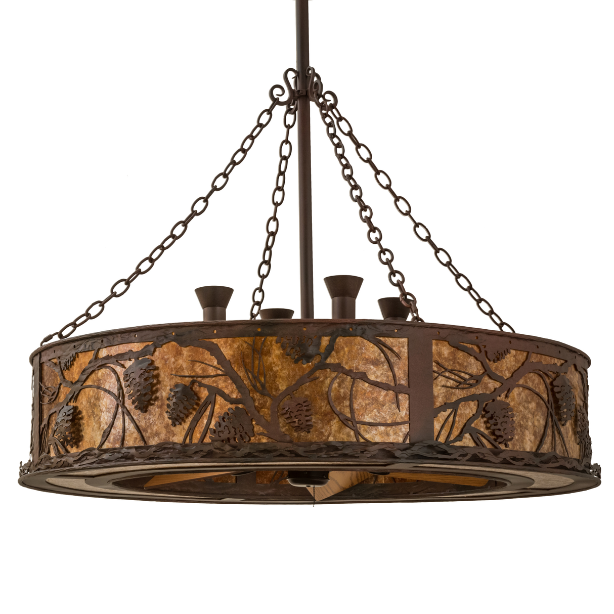 Unlit front view highlighting pinecone pattern and rustic metal frame.