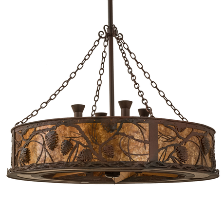 Unlit front view highlighting pinecone pattern and rustic metal frame.