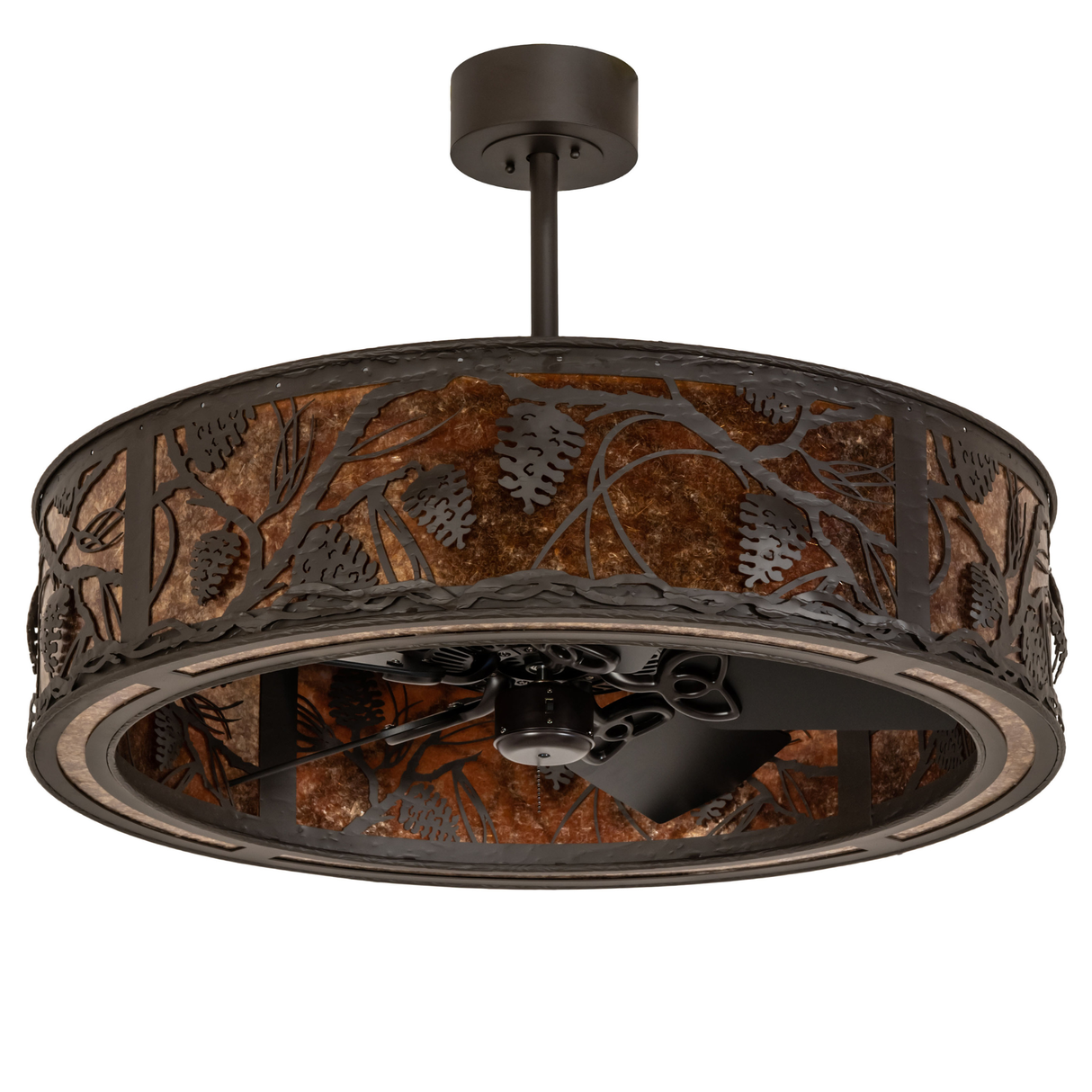 Whispering Pines Chandel-Air unlit side view with pinecone and branch design.