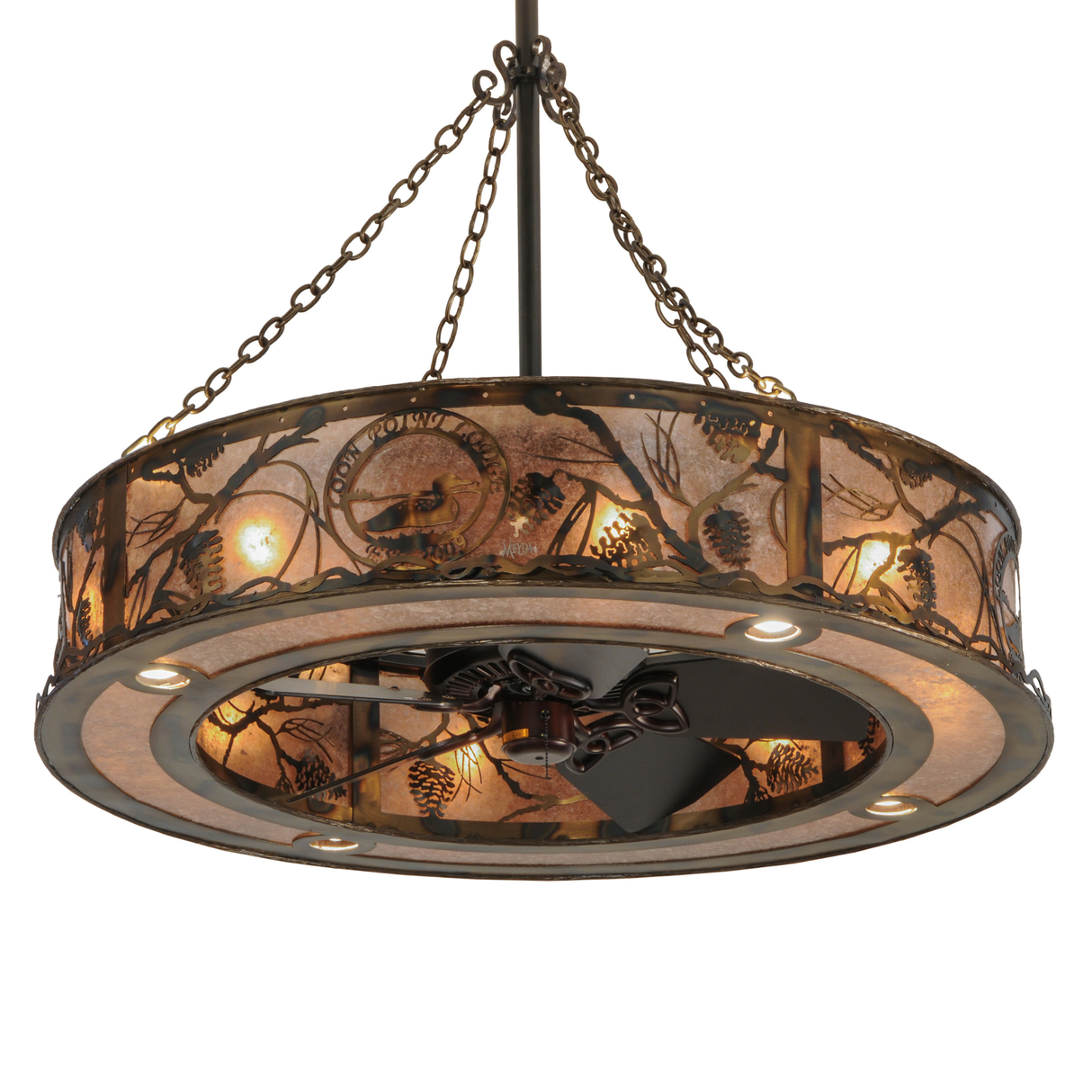 Bottom angle lit view showing custom Loon Point Lodge logo and pine design.