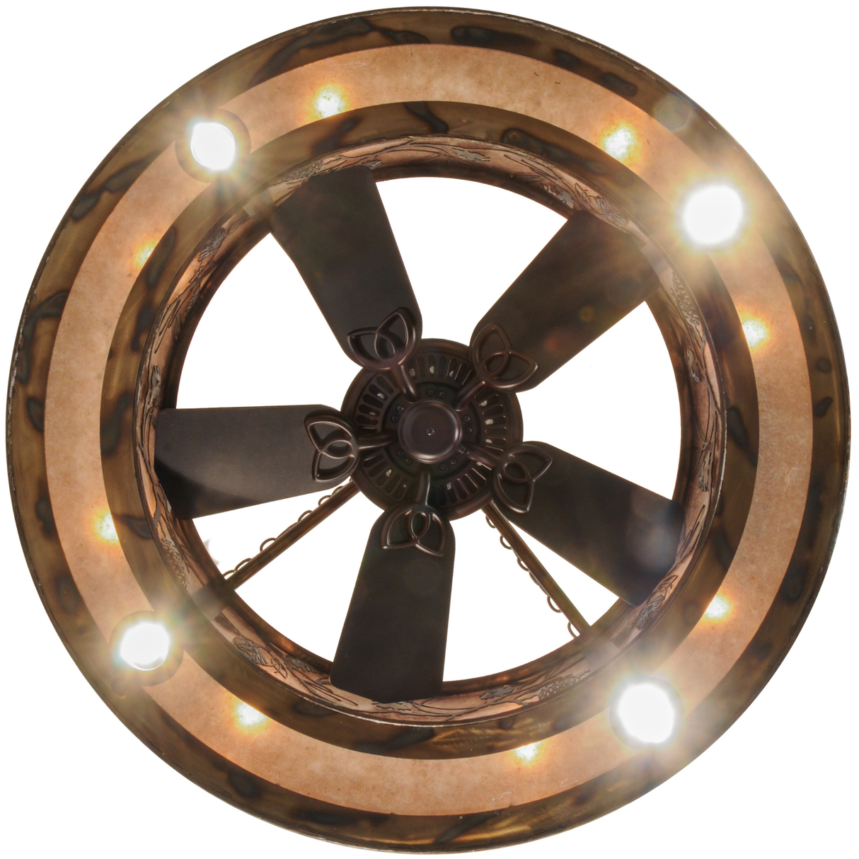 Bottom lit view showing fan blades, downlights, and mica ring glow.