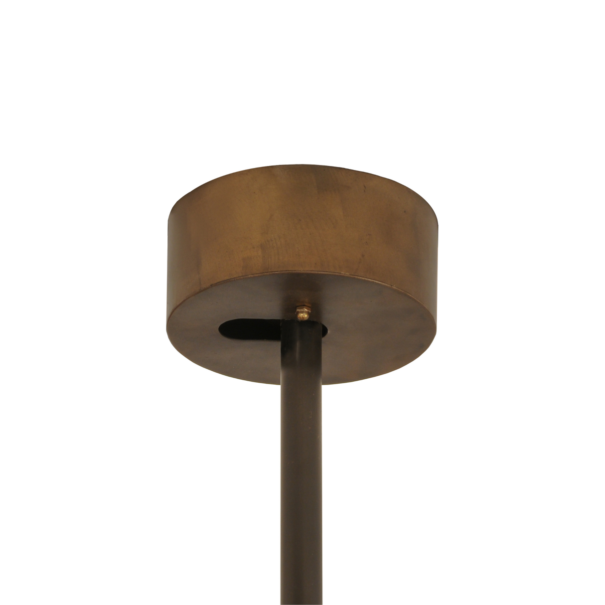 Closeup of canopy mount and hanging rod in antique copper finish.