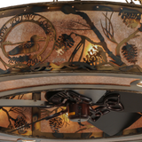 Closeup lit detail featuring engraved Loon Point Lodge logo and pinecones.