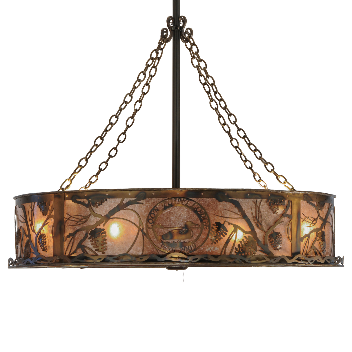 Side lit view highlighting glowing mica panels and pine accents.