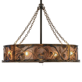 Side lit view highlighting glowing mica panels and pine accents.