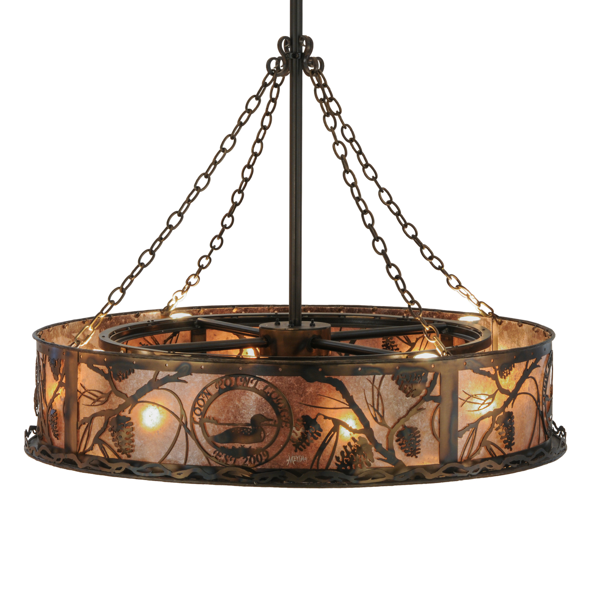 Side angle lit view highlighting pine branch detailing and soft glow.