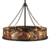 Side angle lit view highlighting pine branch detailing and soft glow.