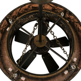 Top unlit view showing fan blades, chain supports, and inner framework.