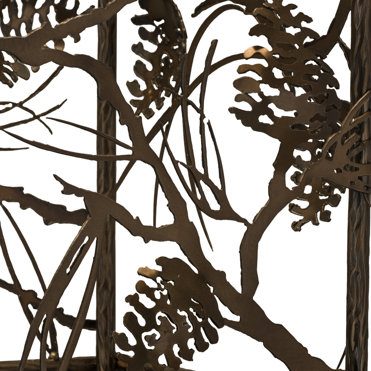 Detailed frame showing pinecones and branches on pot rack.
