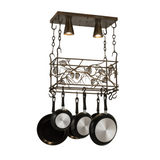 Whispering Pines pot rack chandelier lit, angled view with pans.