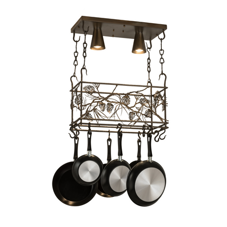 Whispering Pines pot rack chandelier lit, angled view with pans.